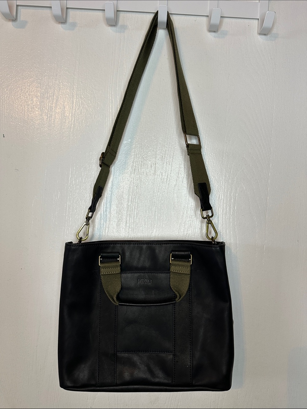 FEED NWOT Black Leather Small Work Bag with Olive Green Strap